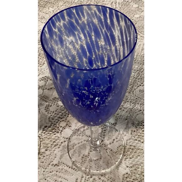 Set of 2 Degas Art Glass Wine - Water Glasses by Block Blue Swirled Blown - Picture 10 of 10